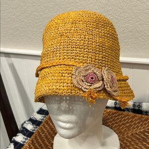 Shebobo natural Straw Raffia Bucket Hat Floral Small Medium Brown NWT New yellow